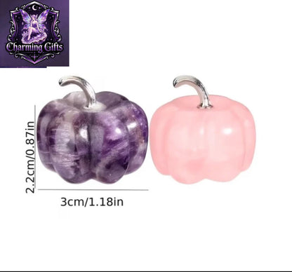 2pcs Cute Natural Crystal Pumpkin Statue Decorative Items, Purple amethyst  Crystal And Rose Quartz Pocket Crystal Guardians, Spiritual Small Items for Jewelry, Suitable for Home Decoration, Vegetable Lovers, Gardens, Perfect Birthday And Halloween Gifts