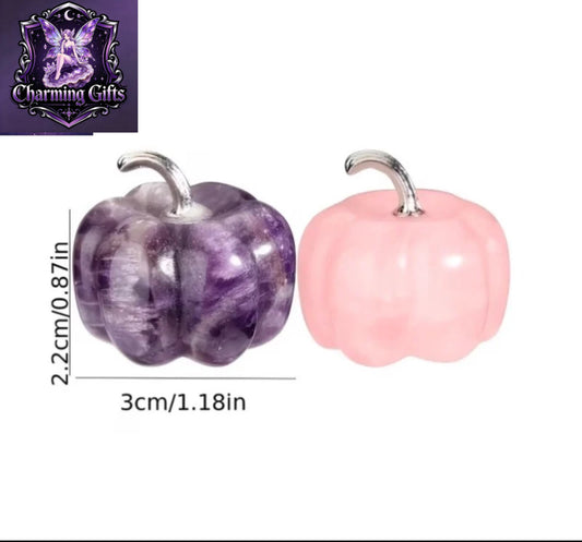 2pcs Cute Natural Crystal Pumpkin Statue Decorative Items, Purple amethyst  Crystal And Rose Quartz Pocket Crystal Guardians, Spiritual Small Items for Jewelry, Suitable for Home Decoration, Vegetable Lovers, Gardens, Perfect Birthday And Halloween Gifts