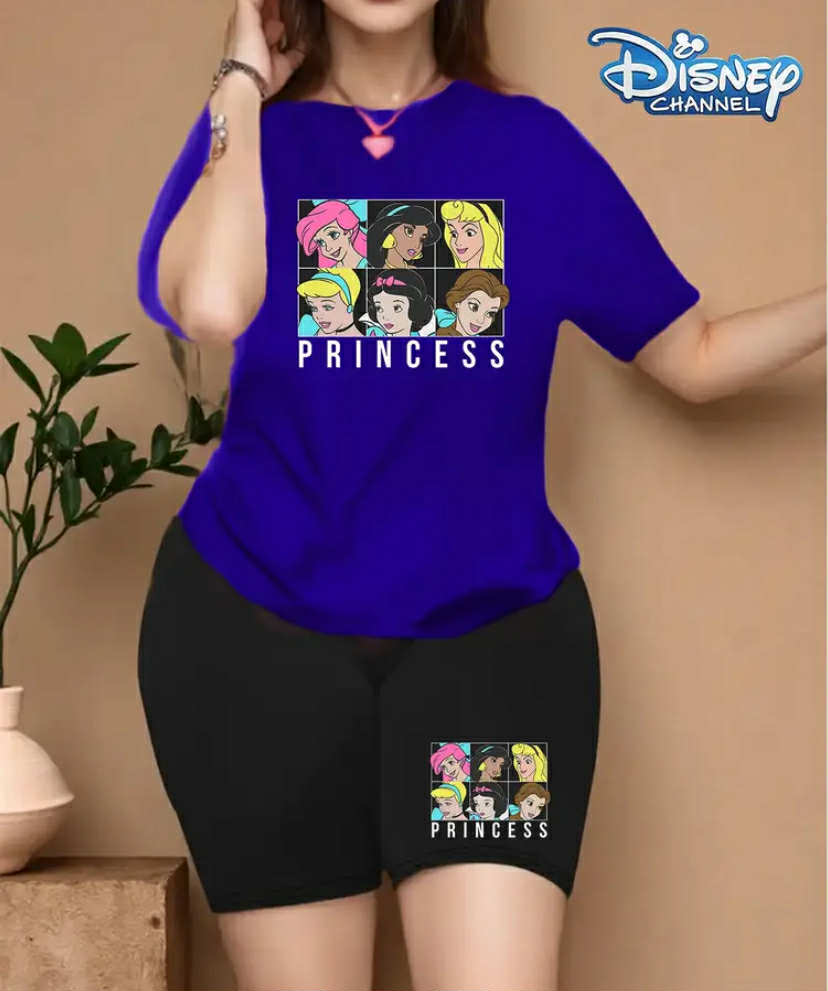 Disney Collection [Authorized] Disney Princess Printed Short Sleeve Women's, Plus Size Women's Round Neck T-Shirt Shorts Set, Simple Fashion Summer Casual Sports Two Piece Suit Perfect choice!