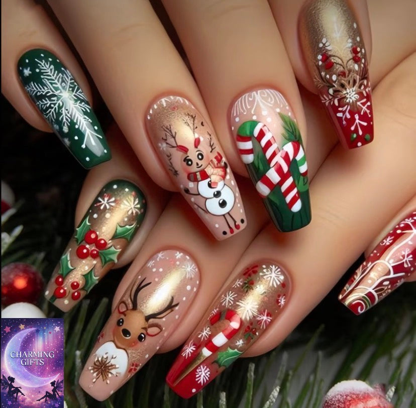 Show Your Beauty 24pcs Medium Ballet Press-On Nails, High-End Elegant Christmas Design with Reindeer, Snowflakes, Wind Chimes, Loose Powder, Candy Canes, and Glossy French-Style Fake Nails, Fashionable and Versatile for Women and, Suitable for Daily