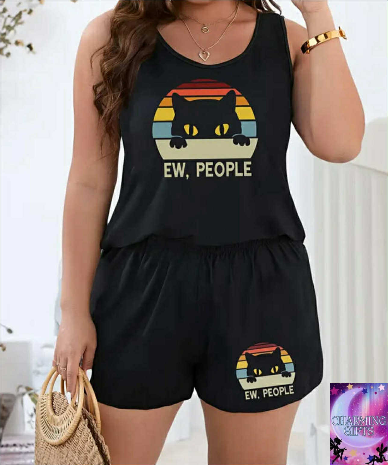 Plus Size Women'S Casual Tank Top & Shorts Set - "Ew, People" Black Cat Print, Stretchy Polyester Blend, Sleeveless Home Wear, All-Season Comfort, Plus Size Loungewear | Fun Animal Print | Comfortable Fit, Cat Deco