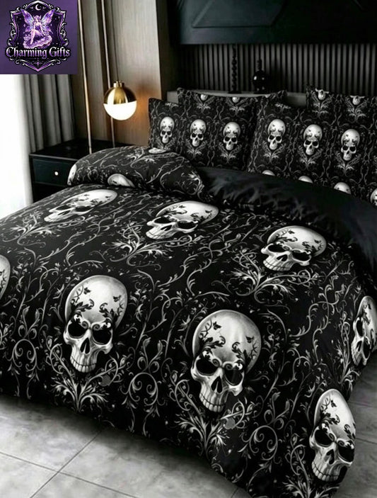 3pcs Black Gothic Skull Print Duvet Cover Set (1*Duvet Cover + 2*Pillowcases, No Fill), Vintage Baroque Decorative Skull Duvet Cover, Suitable For Halloween Horror Bedroom Decor,Super  king