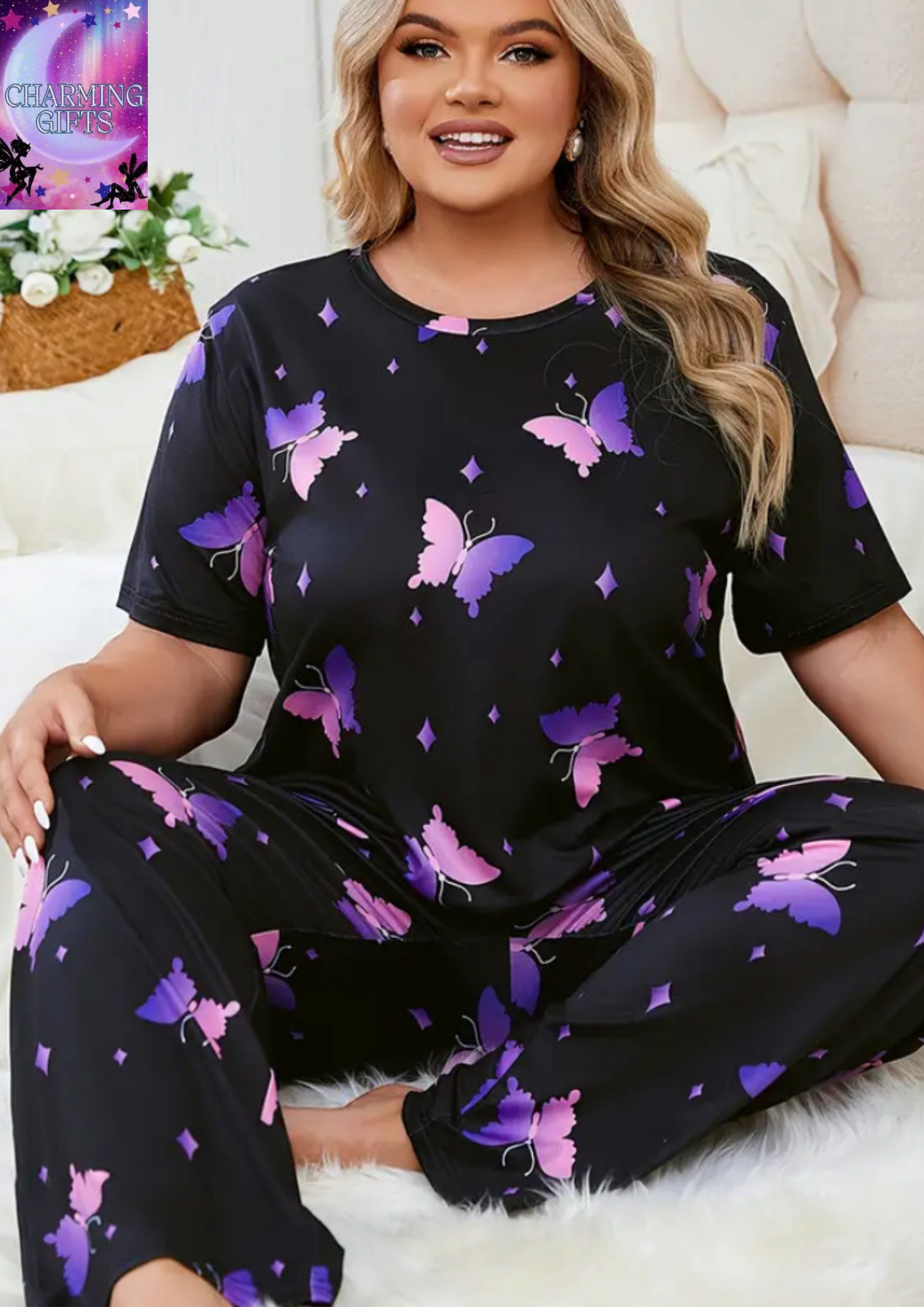 Women's Plus Cute Pajama Set, Plus Size Star & Butterfly Print Short Sleeve Crew Neck T-shirt & Pants Pajama 2 Piece Set