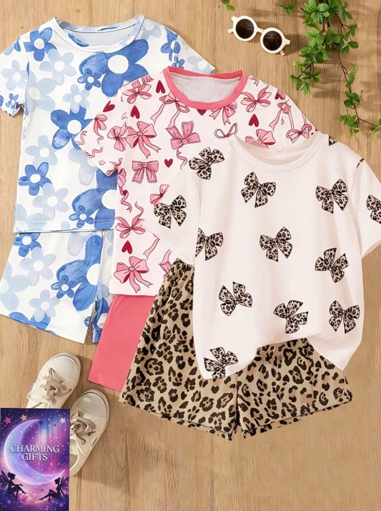 New Girls' Summer Fashion Casual Printed 6pcs Basic Affordable Set, Everyday Versatile Style, Perfect for Outdoor