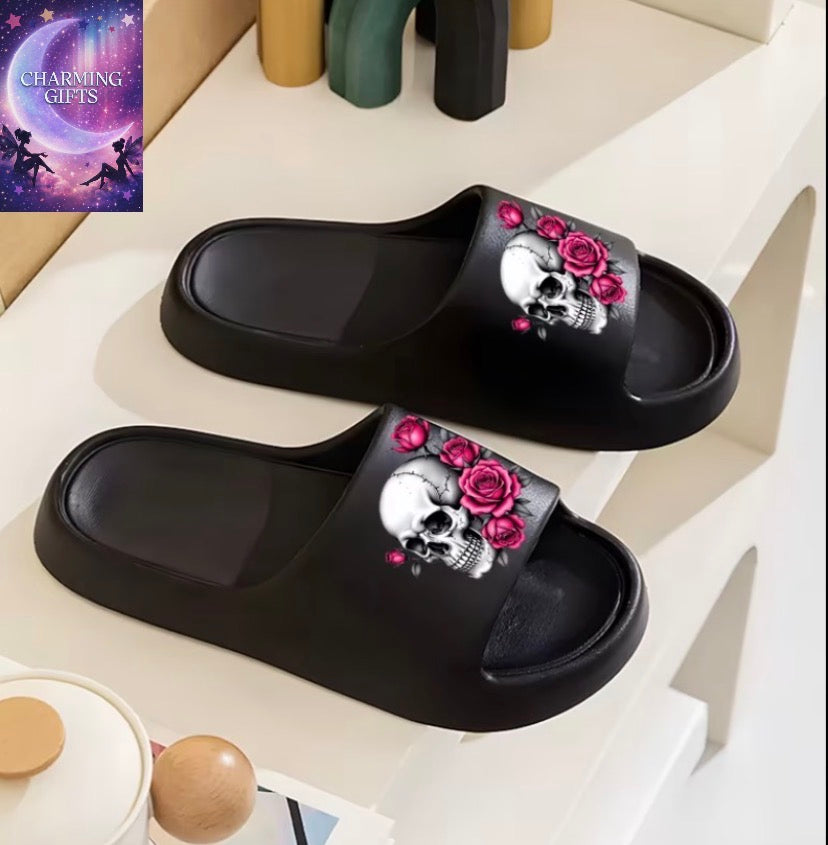 1 Pair Women'S Home Slippers, Gothic Style Skull Rose Print Slippers, Casual Slippers, Flat Slippers, Open-Toe Slippers, Indoor/Outdoor Slippers, Room Slippers, Bathroom Slippers, Pool EVA Sandals, Beach Slippers, Hand Wash Fabric, Women Shoes