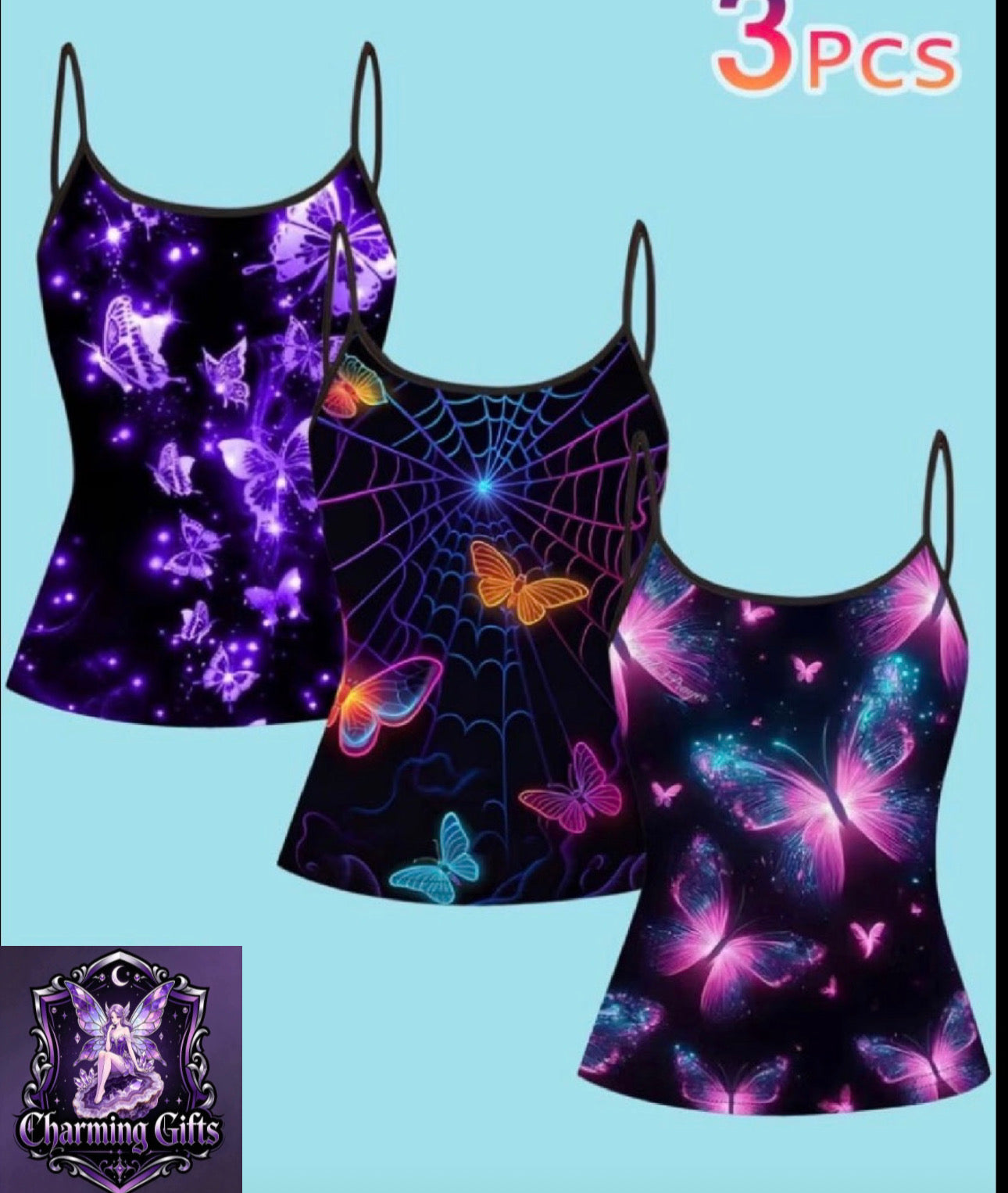 Plus Size - Plus Size - Set of 3 Large Size Women'S Tank Tops with a Colorful Purple Butterfly Spider Web Print, Featuring Thin Straps And a Subculture Spicy Style