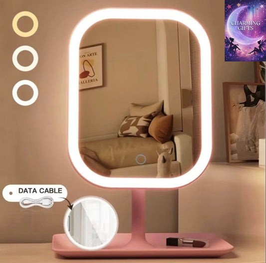 1 x LED Vanity Mirror with Light + 5x Magnifying Mirror) Women's Accessories, USB Rechargeable Makeup Mirror, 3 Color Temperature Adjustable Brightness, Portable Foldable Design Desktop Mirror, Suitable for Home/Bedroom/Travel, Women's Gifts, Christ