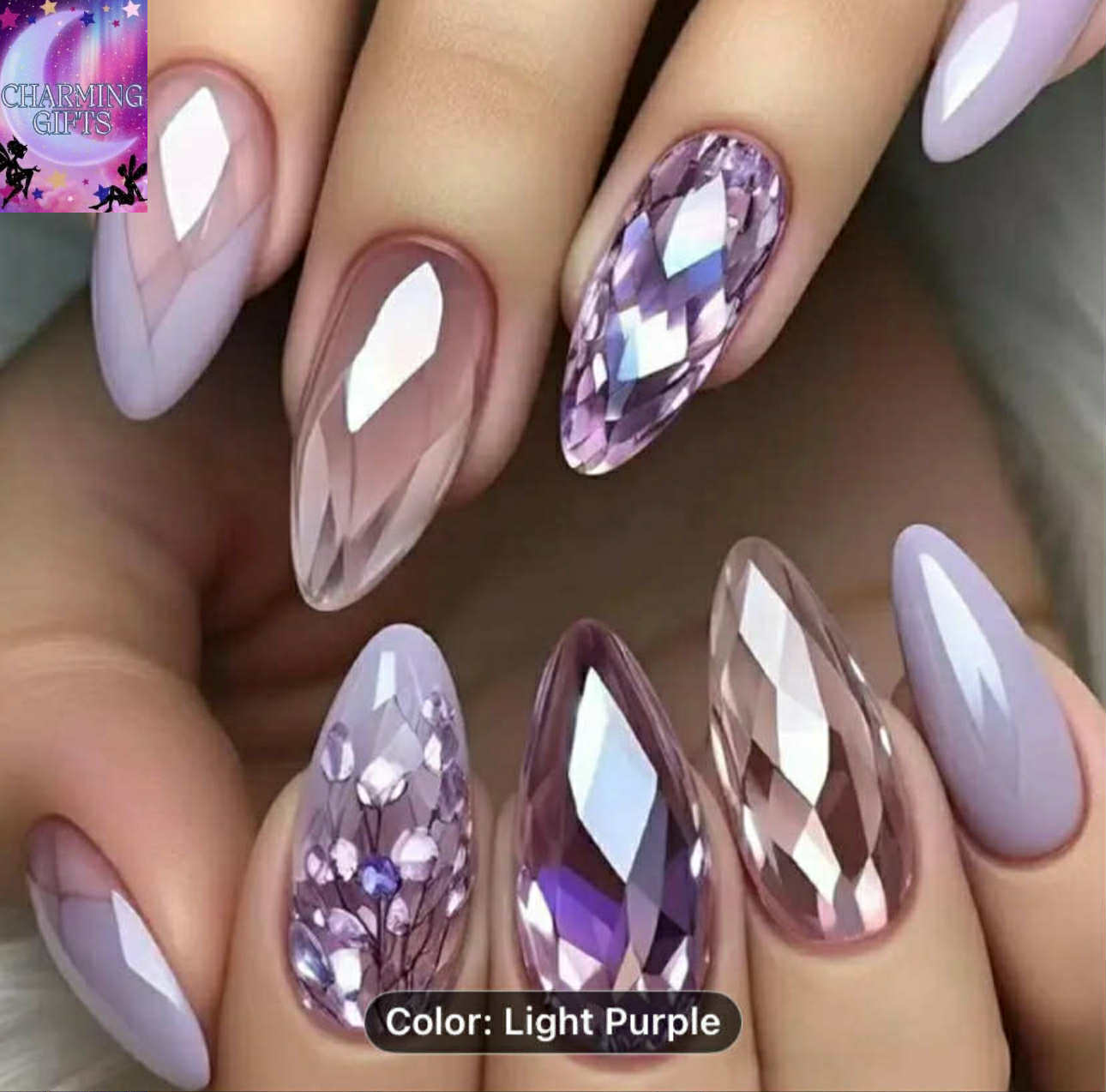 24pcs Set of Medium Almond-Shaped Press-on Nails in Glossy Light Amethyst - Durable, Easy-to-Apply Fake Nails for Women Press On Nails for Women Nail Accessories