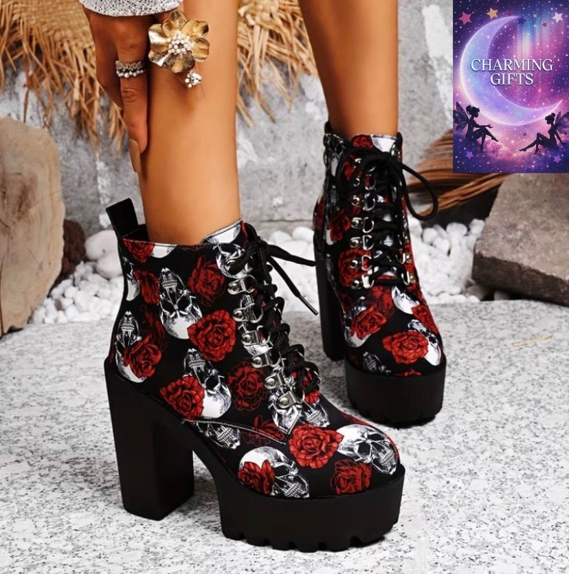 Gothic Women's Fashion Short Boots with Beautiful Rose and Skull Pattern, Wangsheng