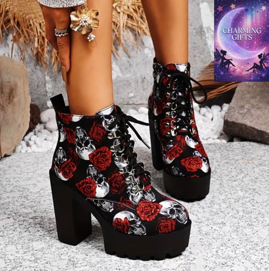 Gothic Women's Fashion Short Boots with Beautiful Rose and Skull Pattern, Wangsheng