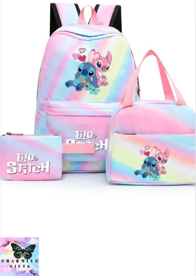 3Pcs/set Disney Lilo Stitch Student Boy Girl Schoolbag Colorful Backpack with Lunch Bag