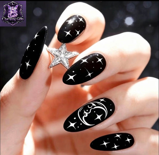 Mid-Length Almond-Shaped Color-Blocked Star And Pattern Spring-Summer Style Glossy 24pcs Nail Tips Removable Wearable Nails Gel Type Press on