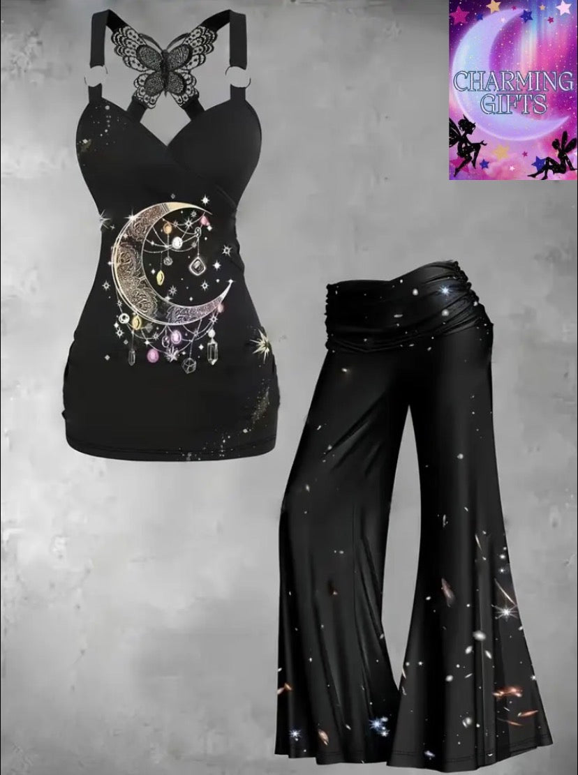 Casual Summer Two-piece Pants Set, Moon Print Butterfly Lace Ring Strap Top & Ruched Wide Leg Pants Outfits, Women's Clothing