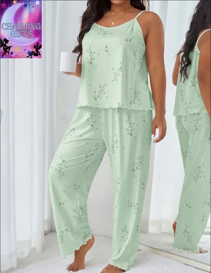 [Sweet Floral Pajama Set] Sweet Floral Women's Plus Size Cartoon Camisole and Pants Pajama Set