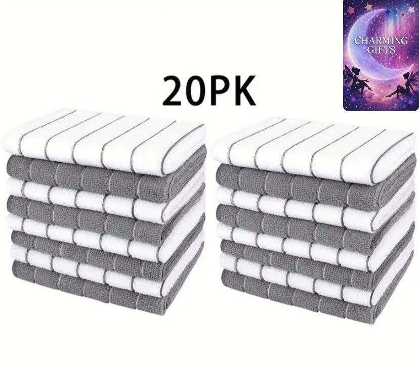 Extra-Thick Microfiber Kitchen Towels - Rapidly Absorbent, Stylish Gray & White Stripes for Effortless Cleaning and Drying x20