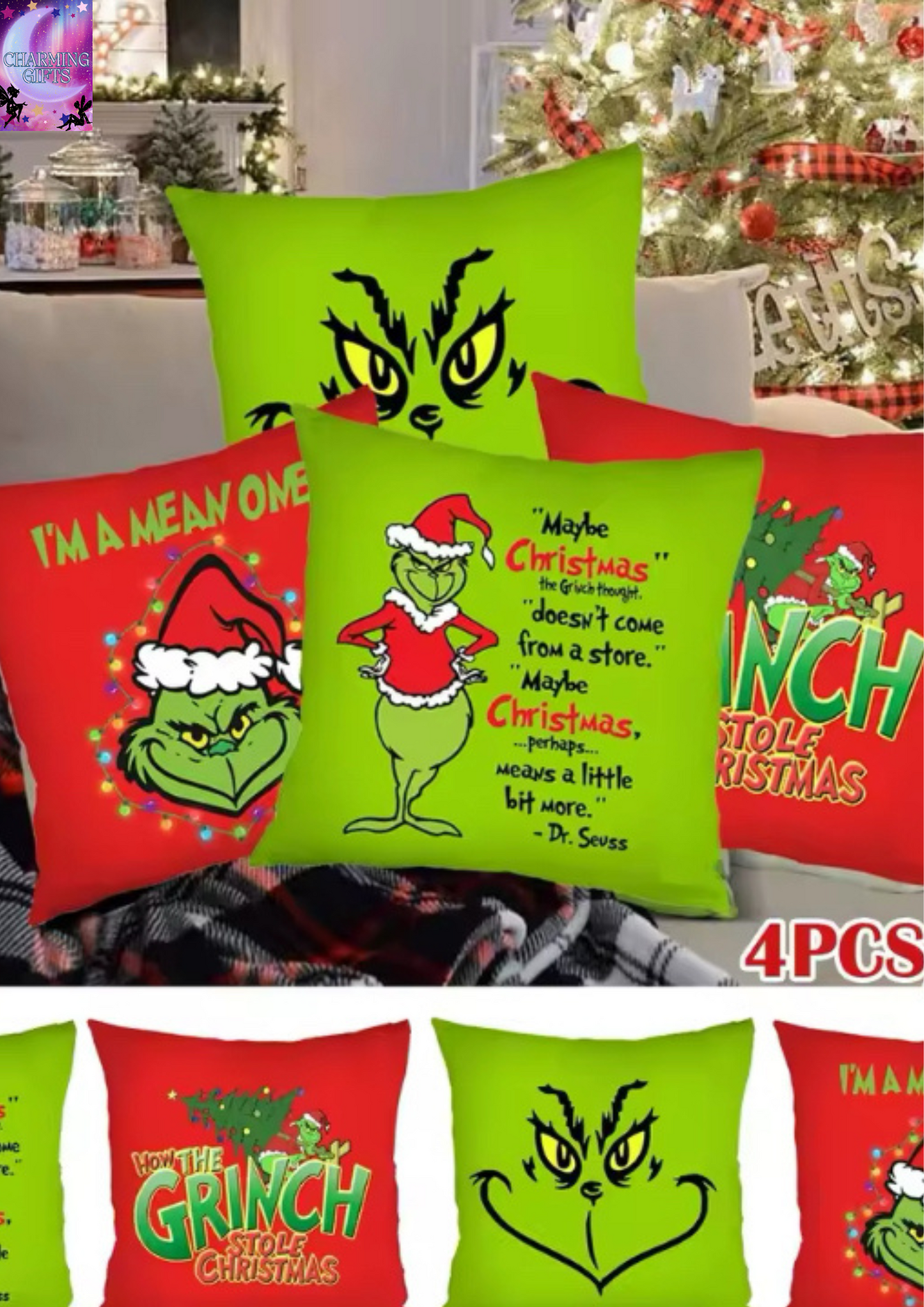 Grinch 4pcs Christmas Pillow Covers 18x18 Inch Pillowcases Christmas Throw Pillow Covers Farmhouse Decor for Sofa Couch Xmas Decoration