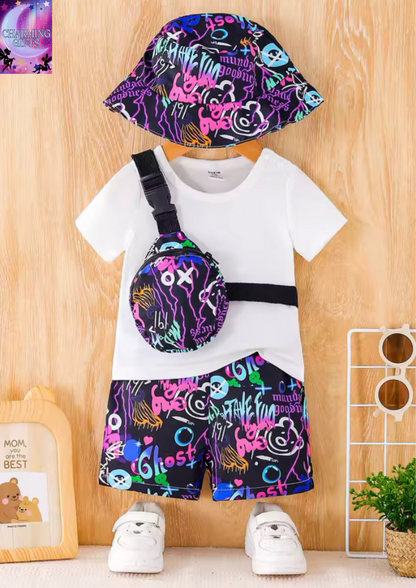 BabyBoys Summer Fashion Four-Piece Purple Letters Graffiti Fisherman Hat Bag Bottom Pants White T-Shirt Round Neck Short Sleeves