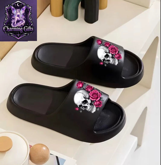 1 Pair Women'S Home Slippers, Gothic Style Skull Rose Print Slippers, Casual Slippers, Flat Slippers, Open-Toe Slippers, Indoor/Outdoor Slippers, Room Slippers, Bathroom Slippers, Pool EVA Sandals, Beach Slippers, Hand Wash Fabric, Women Shoes