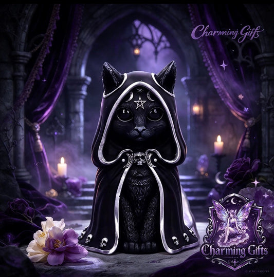 🐱 Gothic Dark Cloaked Cat Statue — Mystical Collectible Figurine