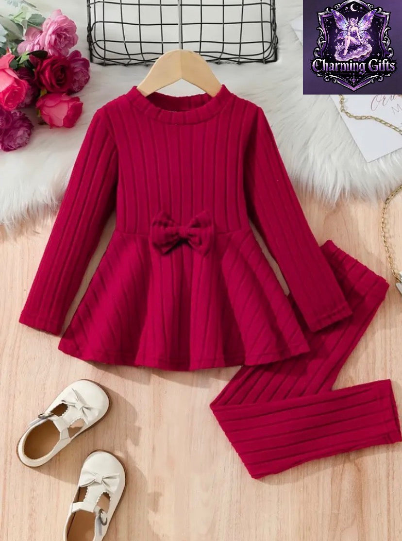 Girls' Fashion Bowknot Solid Color -Lined Ribbed Long-Sleeve Dress and Pants Set, Perfect for Outdoor, Autumn/Winter Essentials, Back to School Essentials