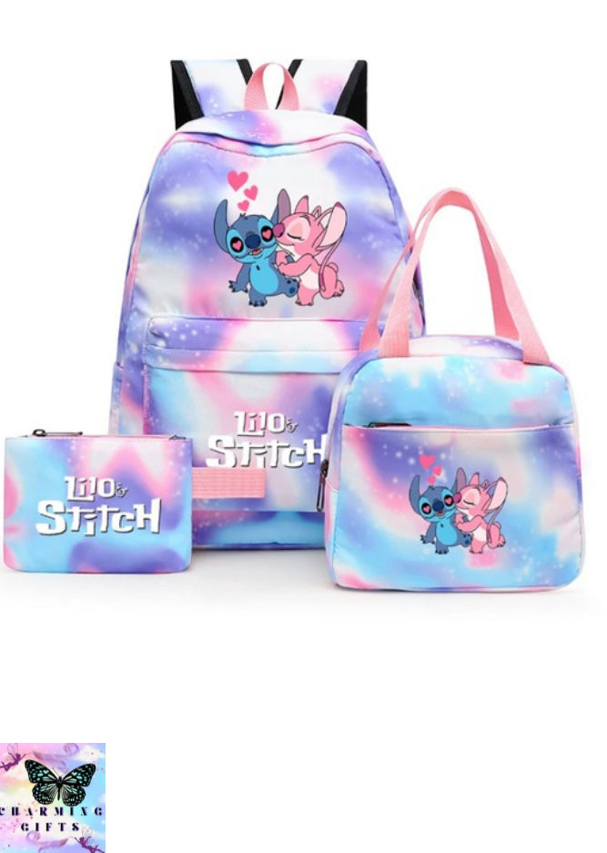 3Pcs/set Disney Lilo Stitch Student Boy Girl Schoolbag Colorful Backpack with Lunch Bag