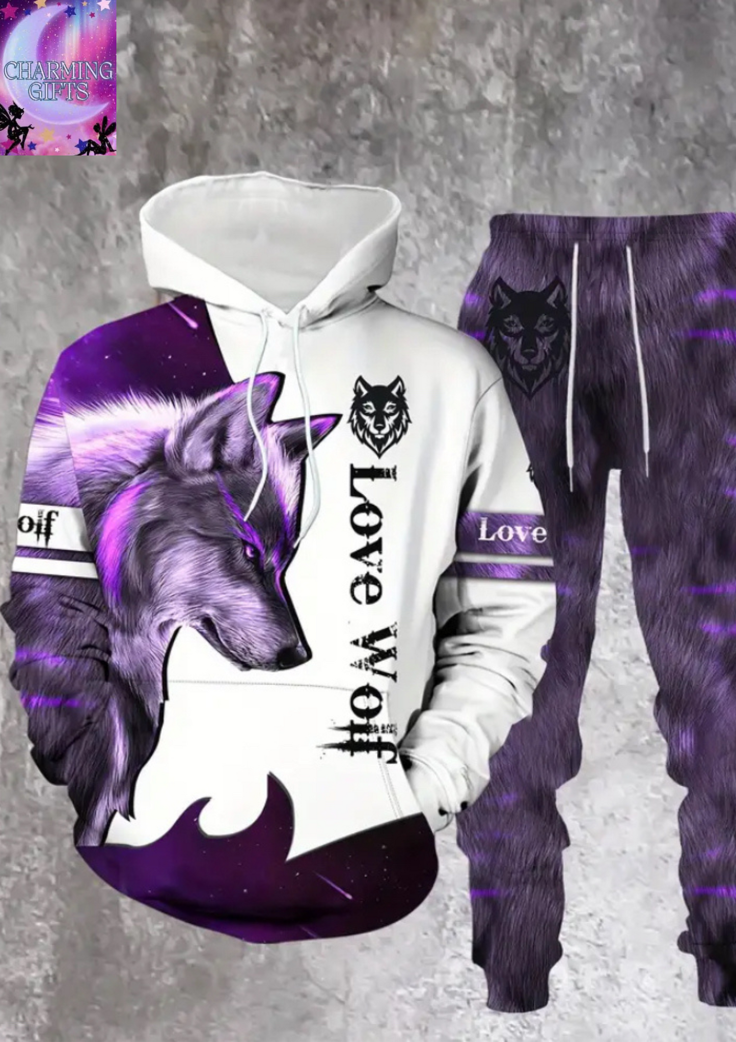 Men's Fierce Purple Wolf Print Casual Hoodie & Sweatpants Set - Comfortable Polyester, Machine Washable - Perfect for Spring/Fall