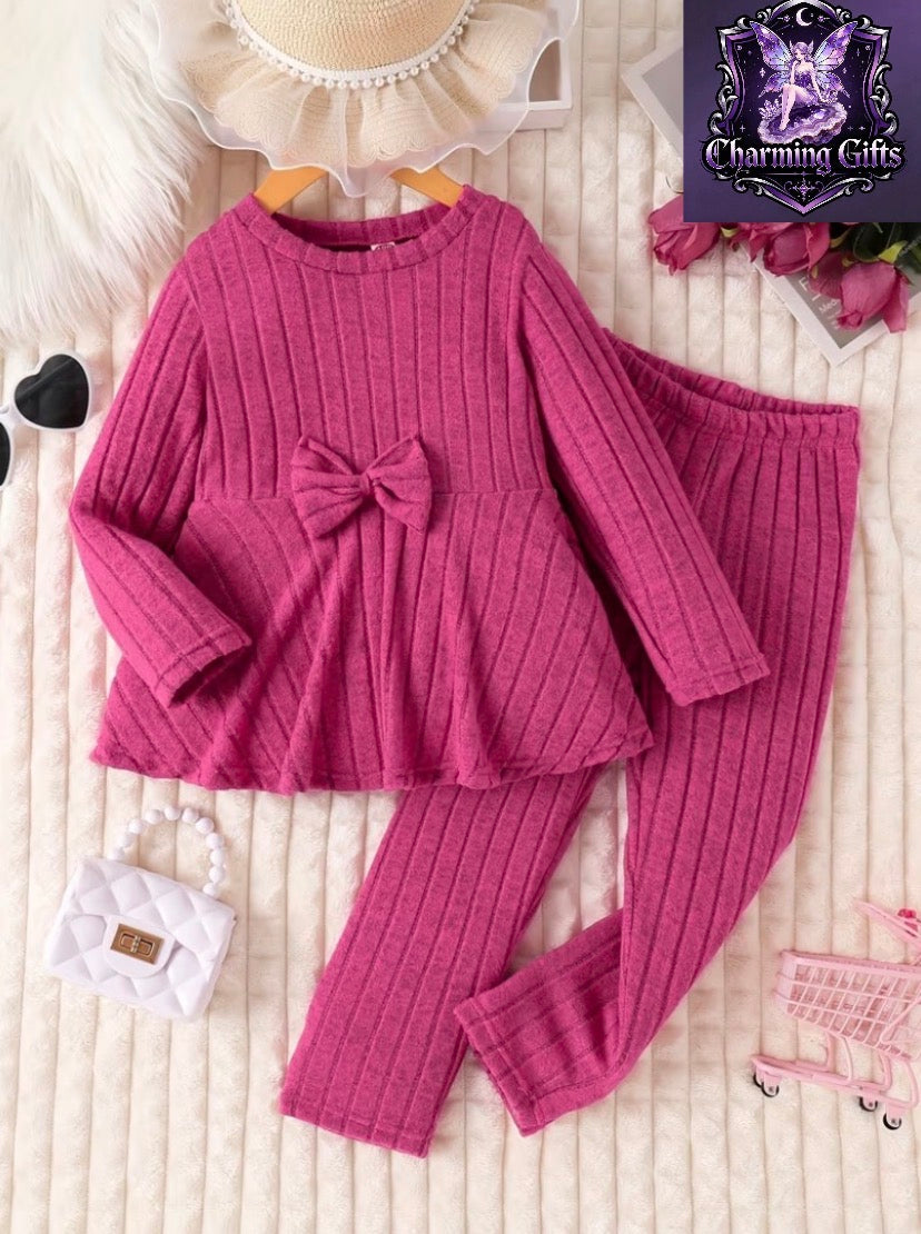 Girls' Fashion Bowknot Solid Color -Lined Ribbed Long-Sleeve Dress and Pants Set, Perfect for Outdoor, Autumn/Winter Essentials, Back to School Essentials
