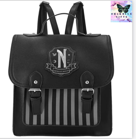 Movie Wednesday Black PU Leather Backpack Women Casual Vintage Schoolbag Student Girls Addams Fashion Large Capacity Backpack