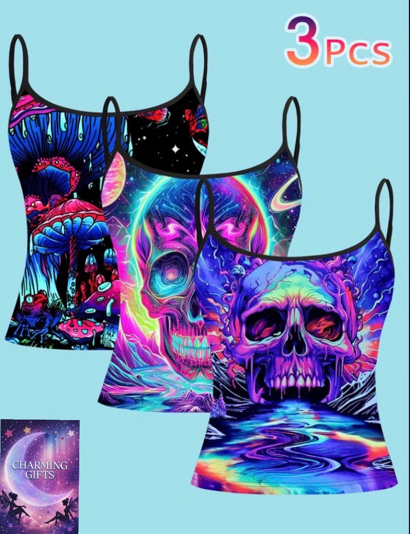 PPlus Size - [3-Pack Neon Psychedelic Skull Print Cami, Women'S Thin Strap Camisole, Cyber Goth Culture Spicy Style Top