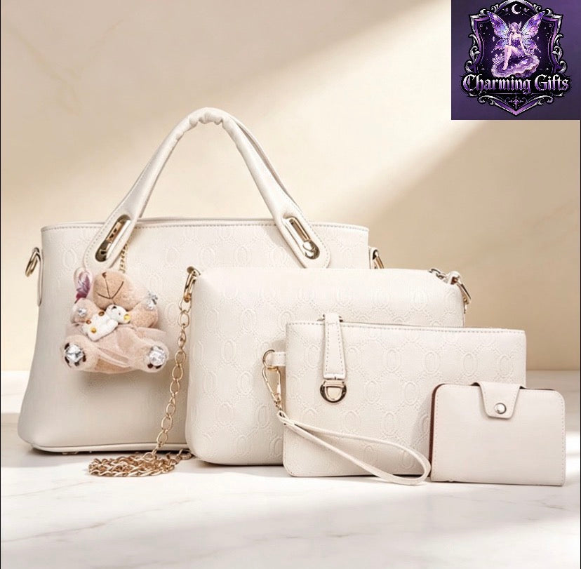4 Piece Multi-Purpose PU Leather Handbag Set For Women, Large Top Handle Satchel Tote & Hobo Crossbody Shoulder Bag, Complete Matching Purse And Card Holder For Shopping Work Daily Outings