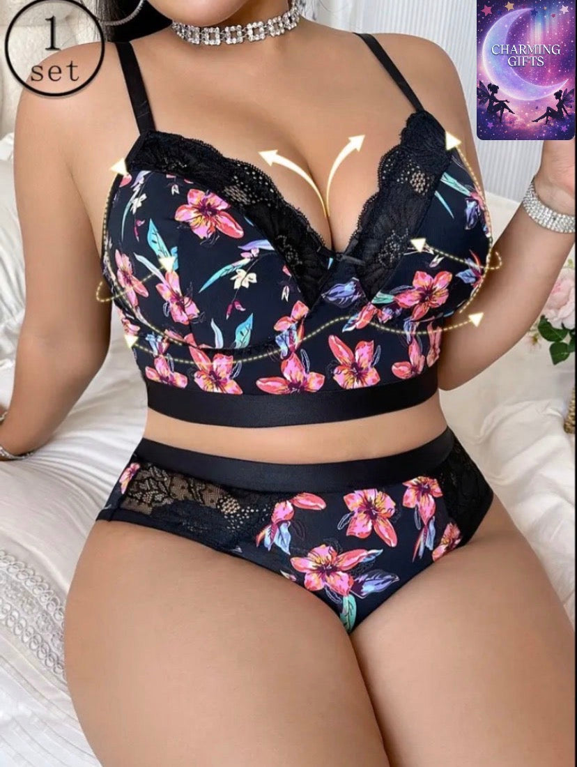 Plus Size Women's Lingerie Set with Print and Ruffle Patch, High Support Adjustable Straps Seamless for Casual Attire