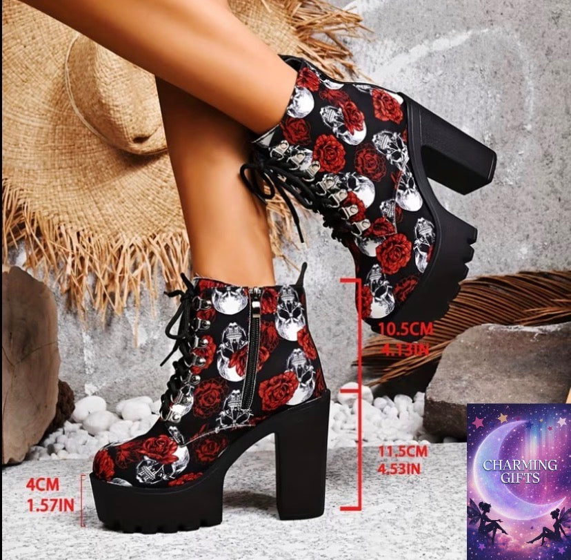 Gothic Women's Fashion Short Boots with Beautiful Rose and Skull Pattern, Wangsheng