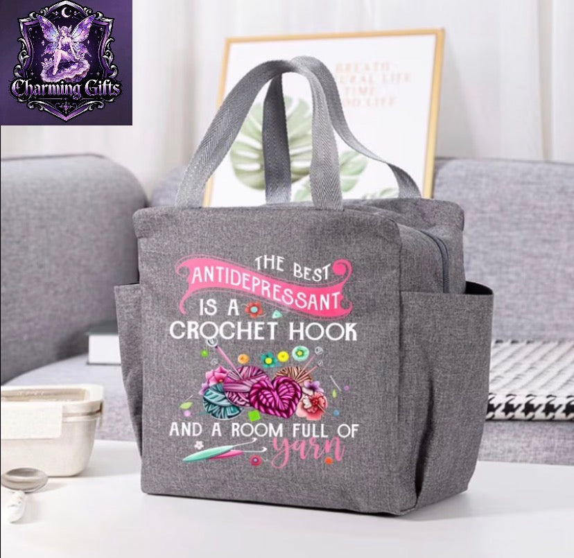 Crochet Yarn Theme Printed Large Capacity Bag, Multi-Functional Storage Handbag, Easy Commuter Style, Side Pockets for Water Bottle And Umbrella, Comfortable Wide Handles, Durable Fabric; Suitable for Daily Commute, Shopping Outings