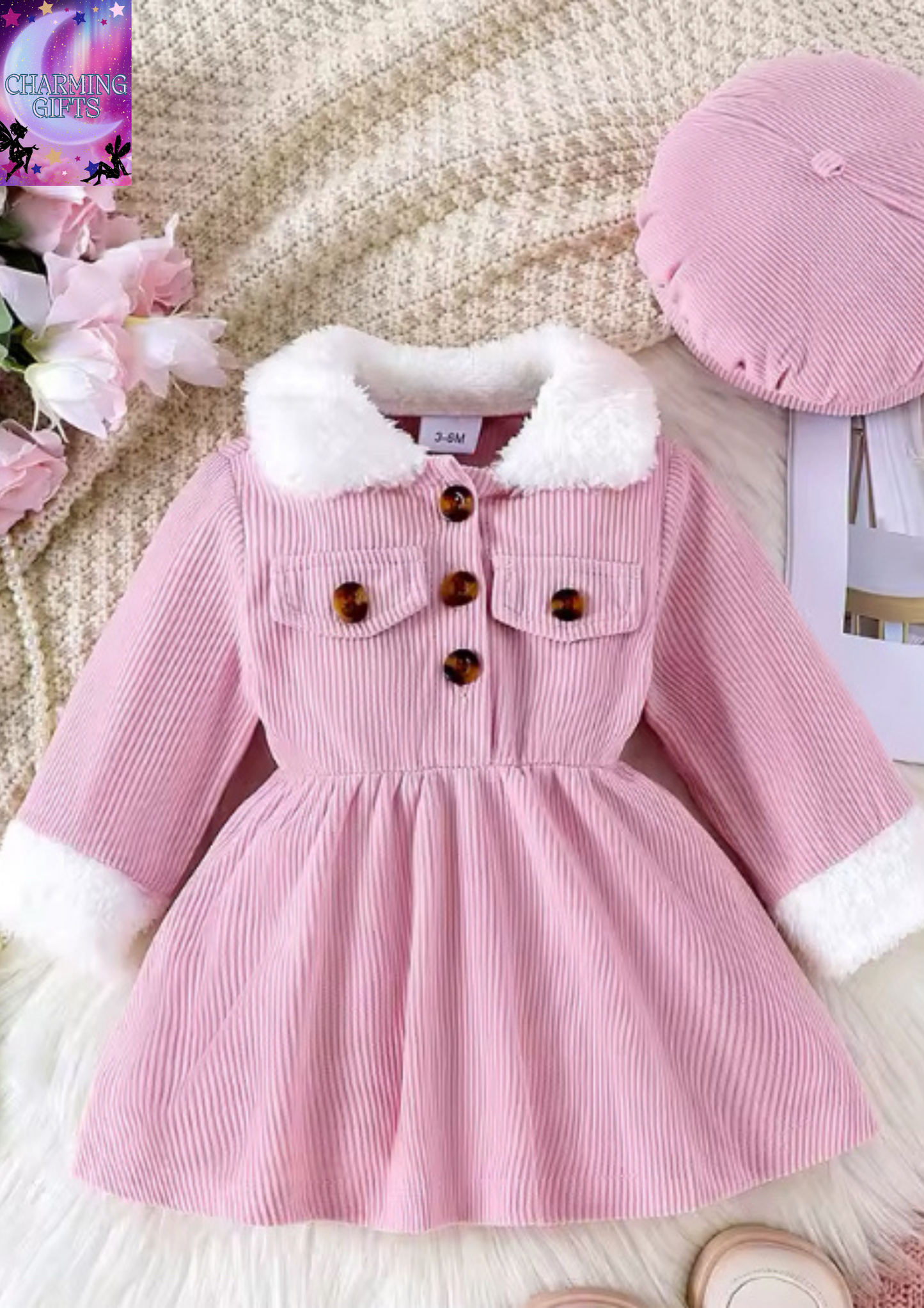 2PCS Winter New Style For Girls Aged 0-3, Comfortable Foreign Style, Sweet Fluffy Stitching Pink Dress + Hat