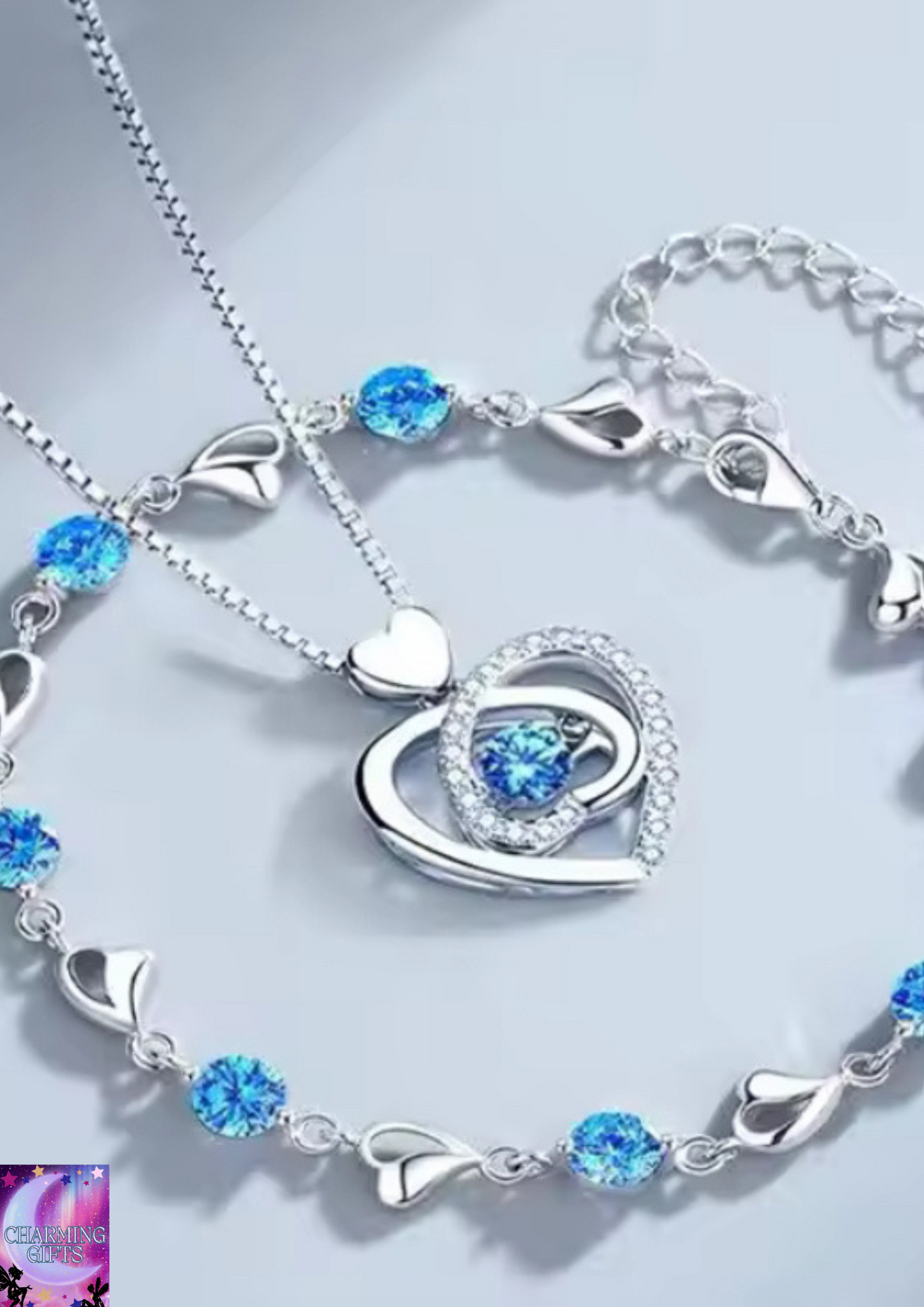 925 Sterling Silver Heart Shaped Necklace Bracelet Set for Women Vintage Korean Blue Crystal Bracelets Jewelry Set Party Jewelry