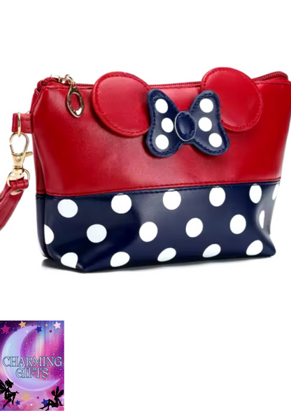 Minnie Mouse Travel Cosmetic Bag Cartoon Bow Makeup Case Women Zipper Hand Holding Make Up Handbag Organizer Storage Pouch Toiletry Wash Bags