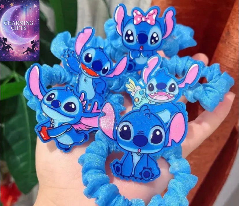 5pcs Stitch Acrylic Hair Bands, Cute Cartoon Hair Ties, Sweet Style, Blue Ponytail Clips, Perfect Valentine'S Day, New Year Gift