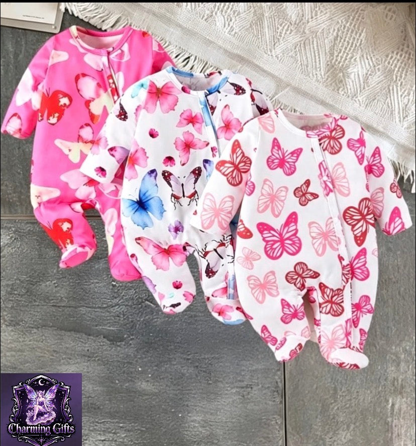 Butterfly Print Footed Romper Three-Piece Set, Perfect for Outdoor, Newborn/Toddler Necessities