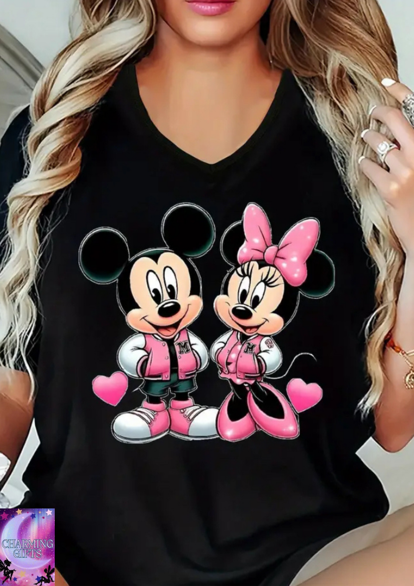Plus Size Women's Casual V-Neck T-Shirt - Mickey & Minnie Mouse Cartoon Print Short Sleeve Top, Black with Pink Hearts, Lightweight Breathable Fabric, Machine Washable for Spring Summer Fall, Seasonal Versatile Top, Comfortable Fit
