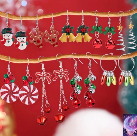 9-Pair Christmas Cartoon Snowman Reindeer Bell Earrings Set, Christmas Party Colorful Bell Bow Red Green Yellow Light Bulb Hoop Earrings, Silvery Spiral Christmas Tree Earrings, Women's Fashion Dangle Earrings, Zinc Alloy Material, for Christmas