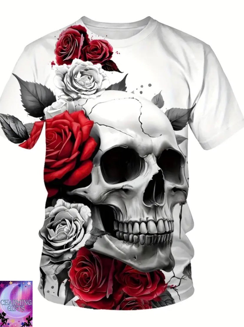 Men'S 3D Skull & Rose Print T-Shirt - Casual Crew Neck, Short Sleeve, Polyester Knit, Summer Style, Regular Fit, Adult Size, Casual Summer Top | Skull Print Top | Polyester Fabric