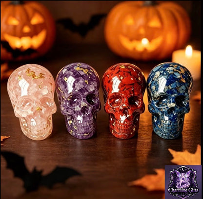 4pc Skull Ornament, Natural Crystal Resin Figurine, Gothic Home Decor, Desktop Decoration, Halloween Gift
