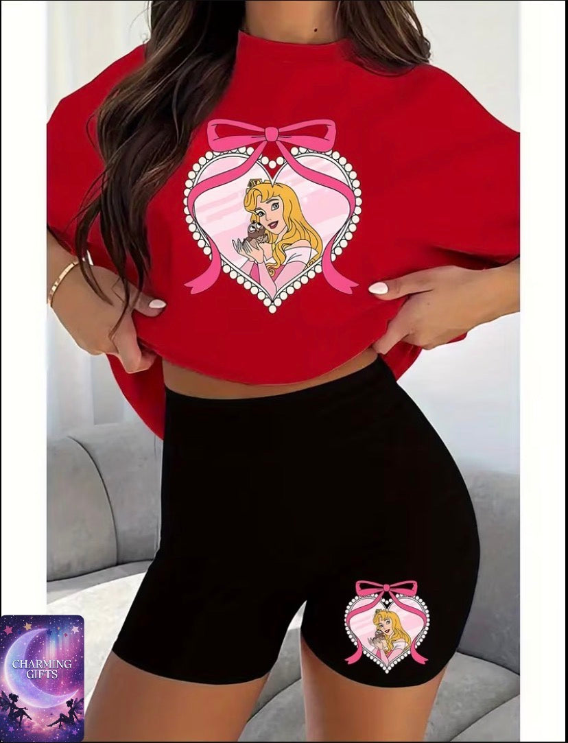 2pcs Disney-authorized Sleeping Beauty Princess Pearl Heart Frame Bow Sash Print | Casual Set with Short-Sleeve T-shirt and Shorts, Women'S Clothing