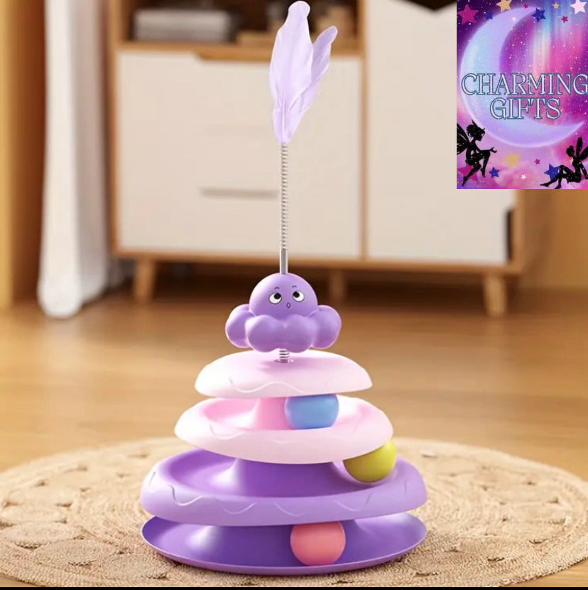 4-Tier Interactive Cat Toy with Colorful Leaves - Durable Plastic Solo Play & Bonding Activity Toy for All Cat Breeds, No Batteries Needed, Automatic Cat Toy, Cartoonish Design, Tube Mechanism