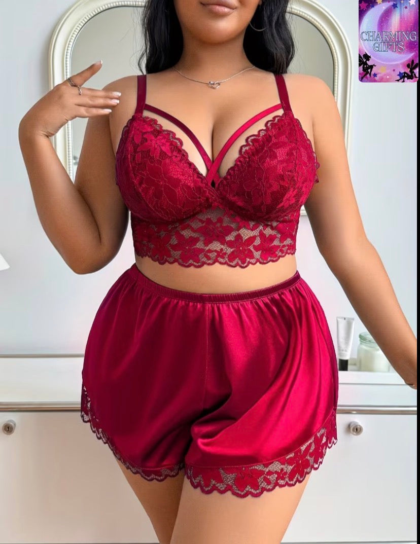 Plus Size Contrast Lace Patchwork Wire-Free Comfort Bra and Panty Set