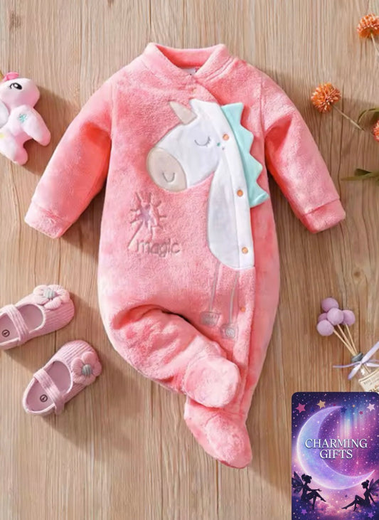 Newborns' Thick Jumpsuit Girls' Long Sleeves With Fleece Baby Cartoon Dinosaur Winter Warm Children's Clothing