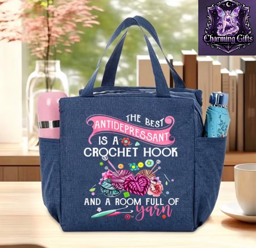 Crochet Yarn Theme Printed Large Capacity Bag, Multi-Functional Storage Handbag, Easy Commuter Style, Side Pockets for Water Bottle And Umbrella, Comfortable Wide Handles, Durable Fabric; Suitable for Daily Commute, Shopping Outings