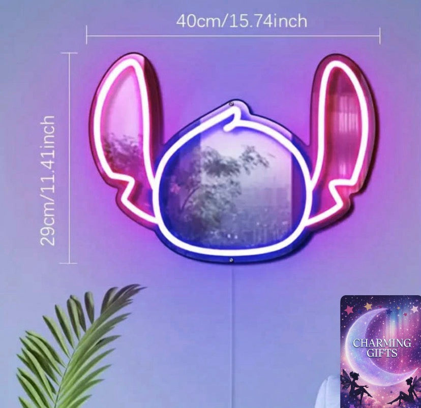 [Disney Stitch Neon Mirror] Disney Stitch Neon Light-Up Wall Mirror - 1-Pack, USB-Powered with Adjustable Brightness, Wall-Mounted Vanity Mirror for Bedroom, Bathroom, Living Room & Hallway Decor