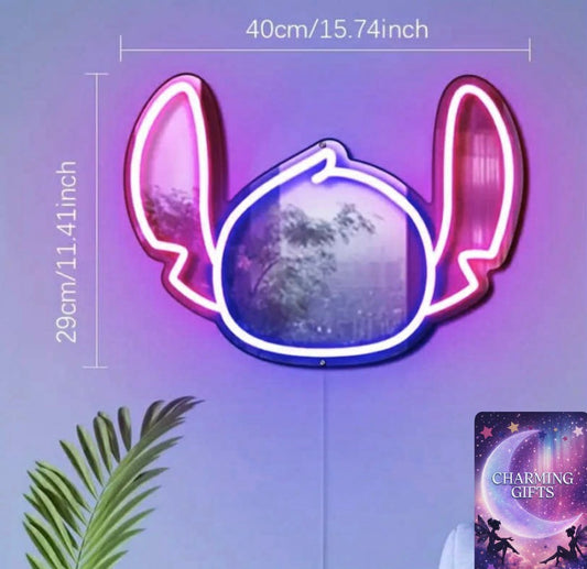 [Disney Stitch Neon Mirror] Disney Stitch Neon Light-Up Wall Mirror - 1-Pack, USB-Powered with Adjustable Brightness, Wall-Mounted Vanity Mirror for Bedroom, Bathroom, Living Room & Hallway Decor