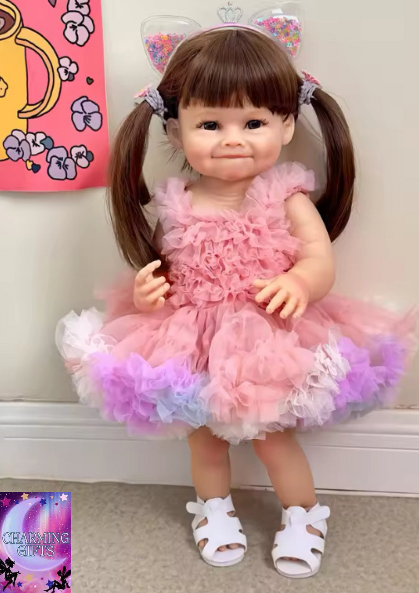 55CM Reborn Toddler Doll with Pink Dress Full Body Soft Silicone Raya Lifelike Soft Touch High Quality Doll Gifts